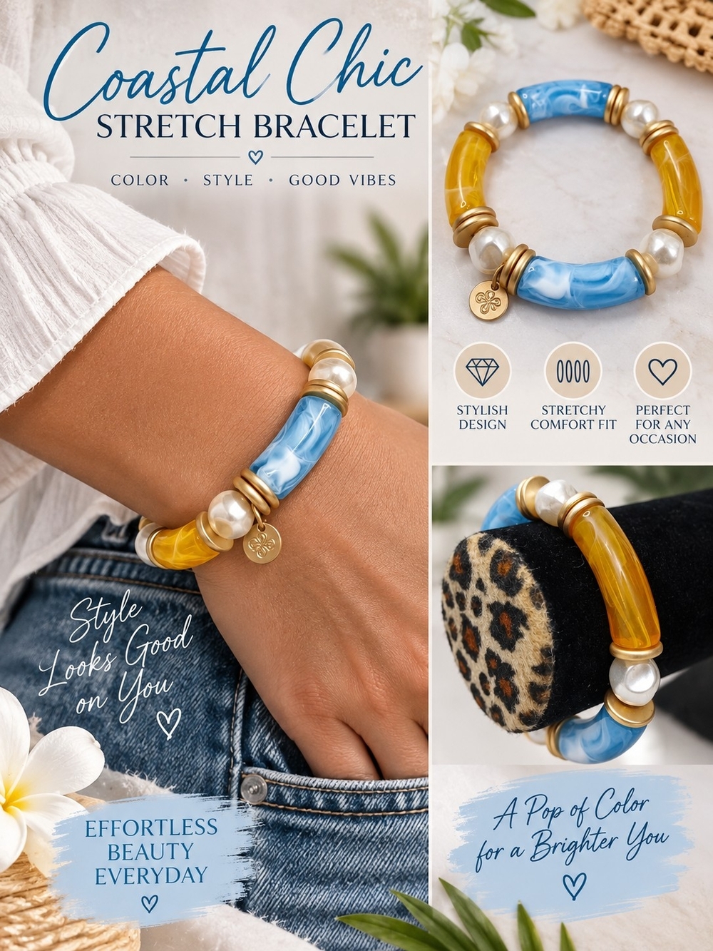 A63. NWT Marbled Chunky Stretch Bracelet Pearl Gold Tone Statement Jewelry